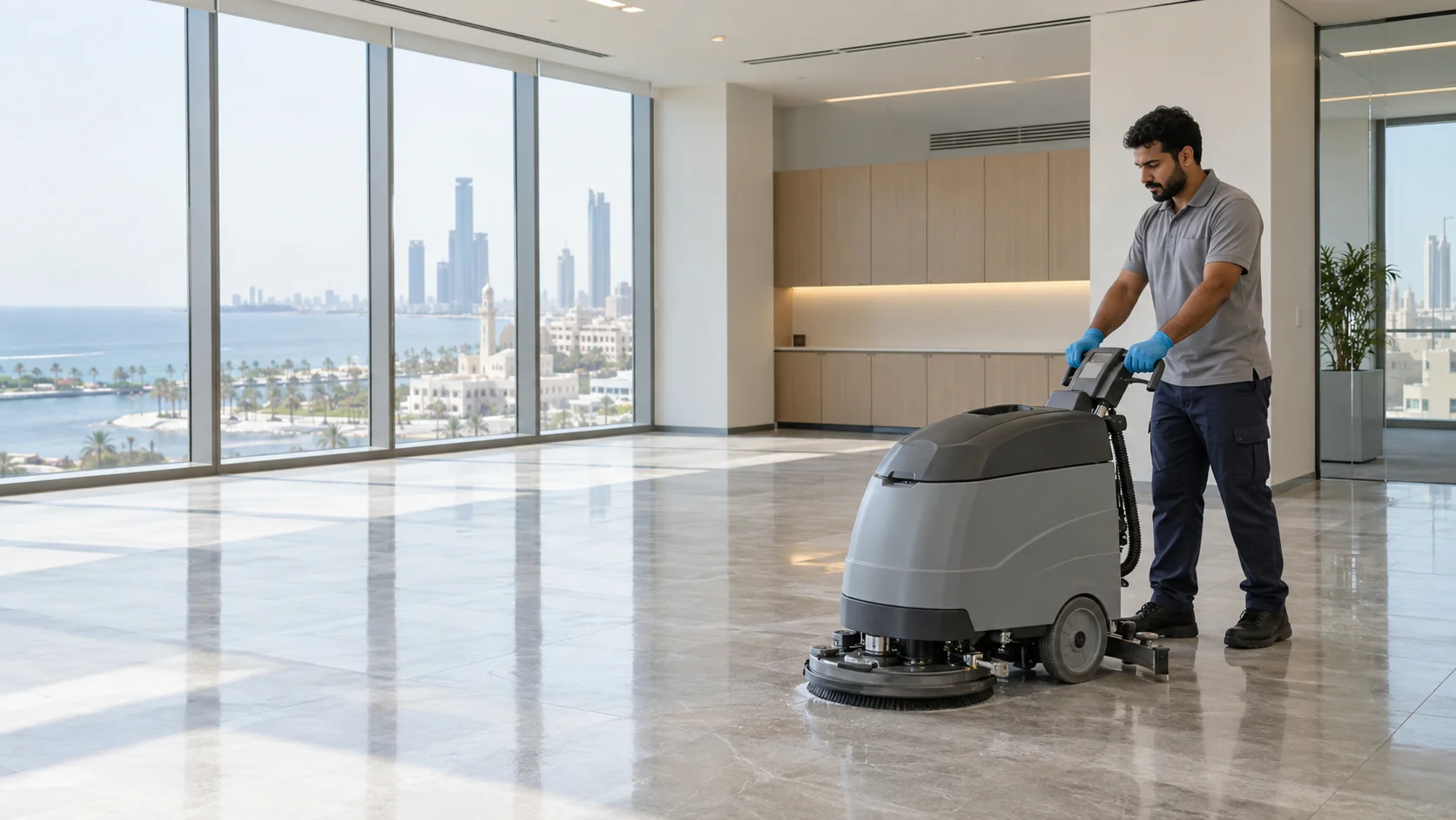 Illustrative cleaner operating a floor scrubber in an unbranded office with a Jeddah-inspired coastal view