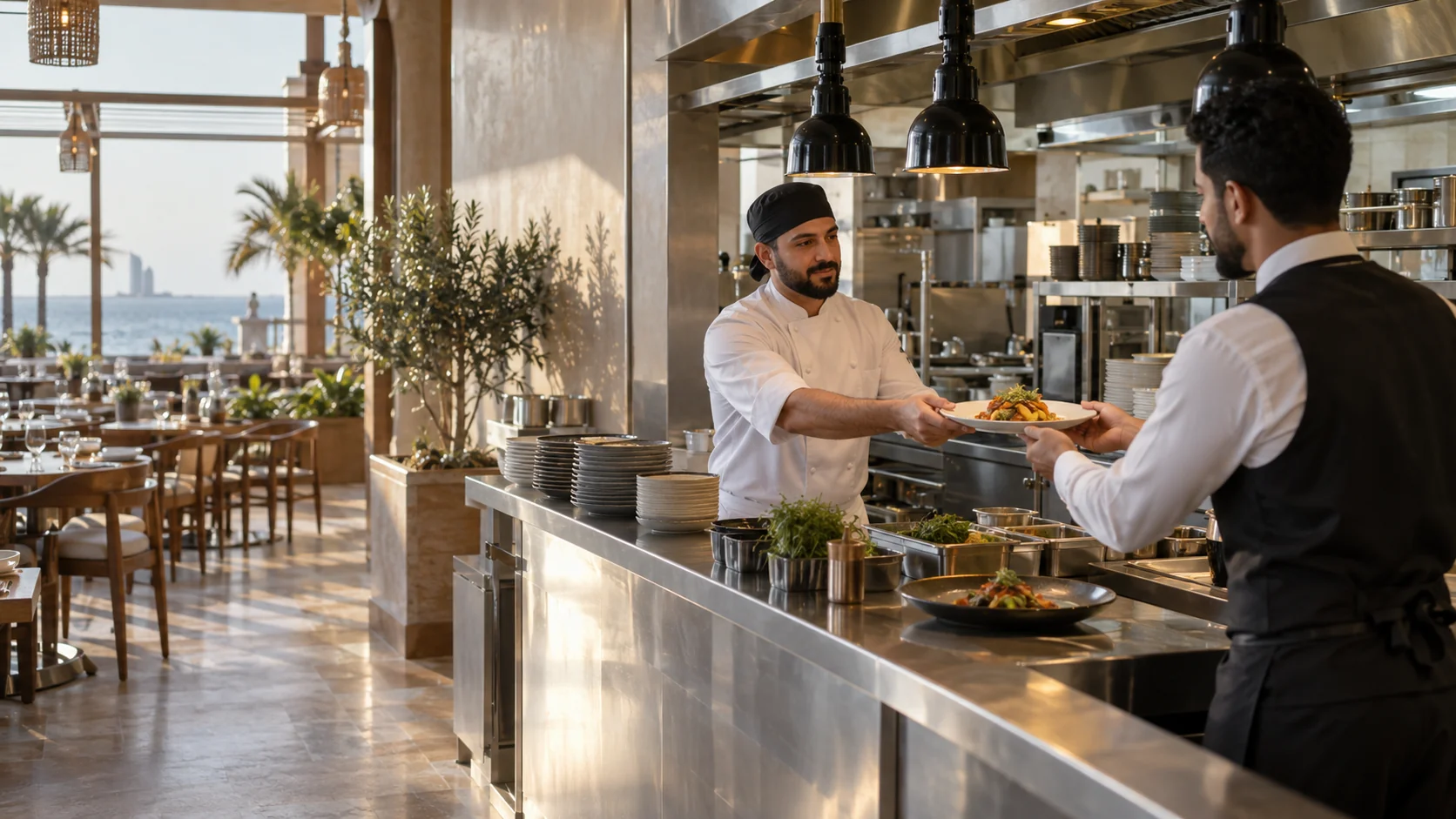 Illustrative chef handing a plated dish to a waiter at an unbranded Jeddah-inspired restaurant pass