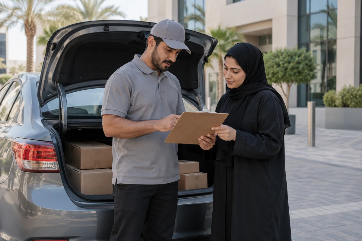 A parcel driver and dispatch coordinator reviewing a route clipboard beside a parked car with parcels in its open rear hatch.