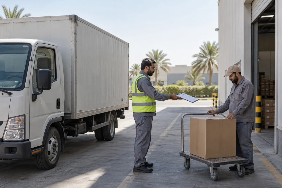 سائق خدمات لوجستية يقدم مستند تسليم إلى موظف استقبال بضائع بجانب شاحنة متوقفة وعربة تحمل صندوقاً أمام مستودع.