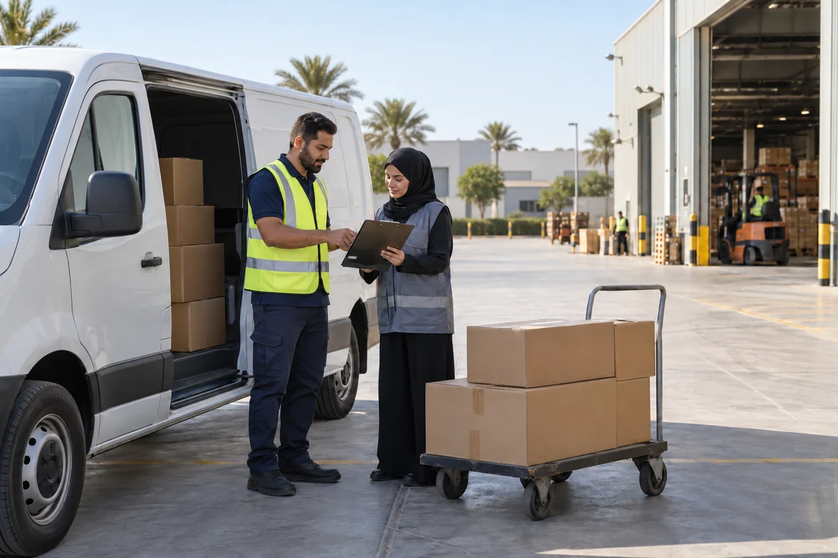 A logistics driver and dispatch worker reviewing a handover clipboard beside a parked van and goods trolley at a depot.