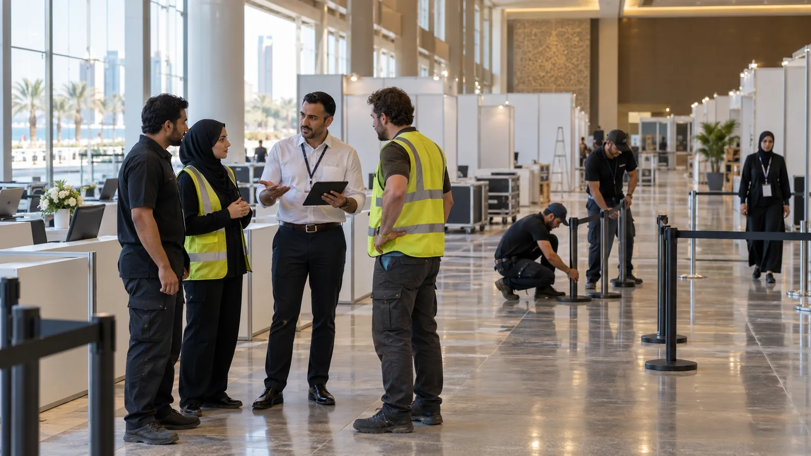 An event supervisor briefs setup and guest-service staff beside registration desks inside an exhibition hall.