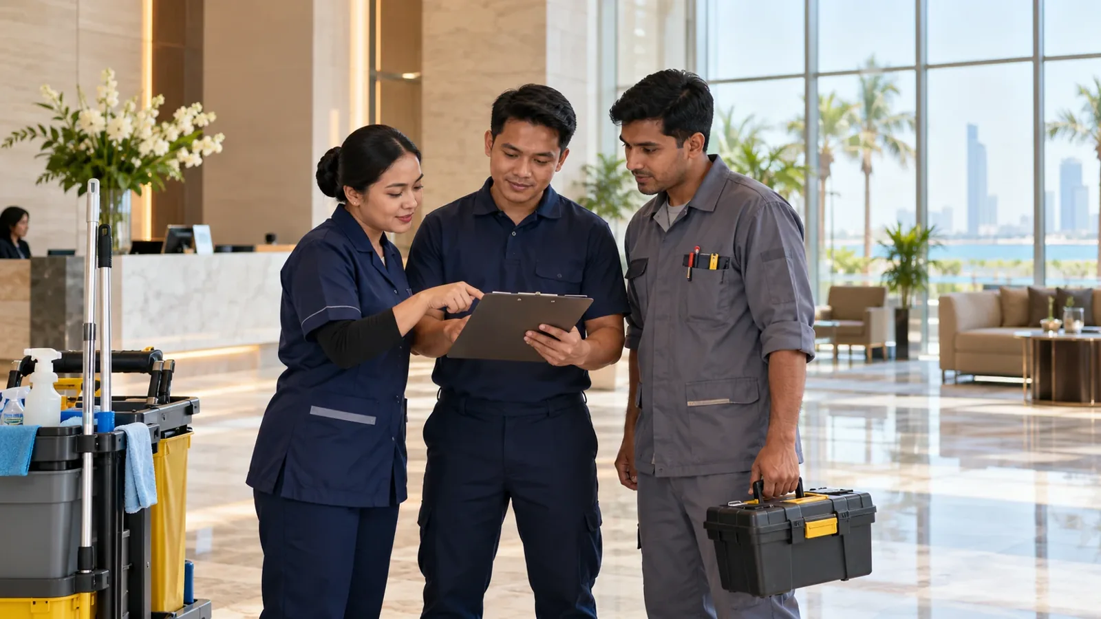 Three uniformed workers review a clipboard beside cleaning equipment in a hotel lobby.